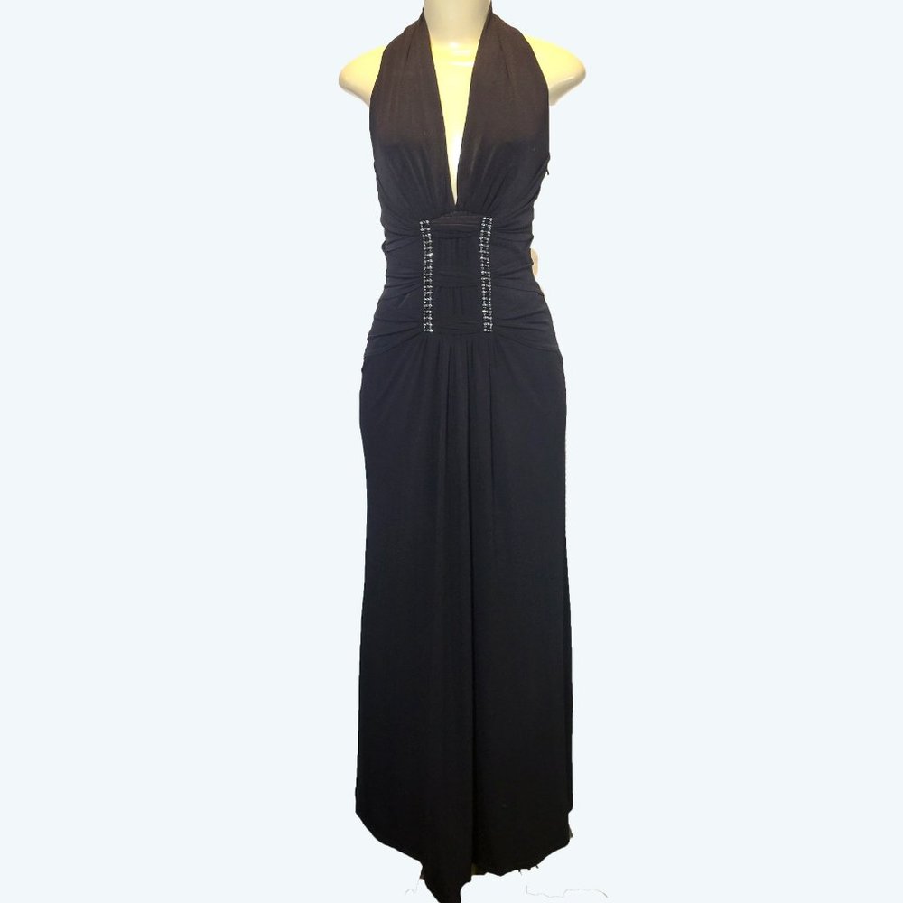 Vintage Jessica Mc Clintock Crystal Ruched Plunging Neckline Black Evening Gown